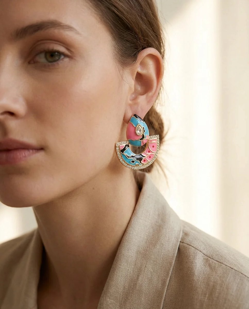 Dorvina Vintage Dames Oorbellen Messing Dames Oorbellen Goud Zirkonia Detail Pembe Blauw Mineli Plaka