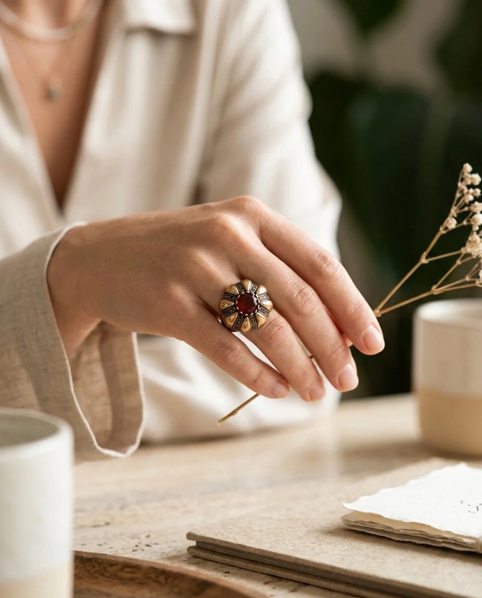 Dorvina Bronzen Sieraad Authentiek Sieraad Rood Kristallen Steen Antiek Granaatappel Model Vruchtbaarheidssymbool Verstelbaar Vintage Dames Ring