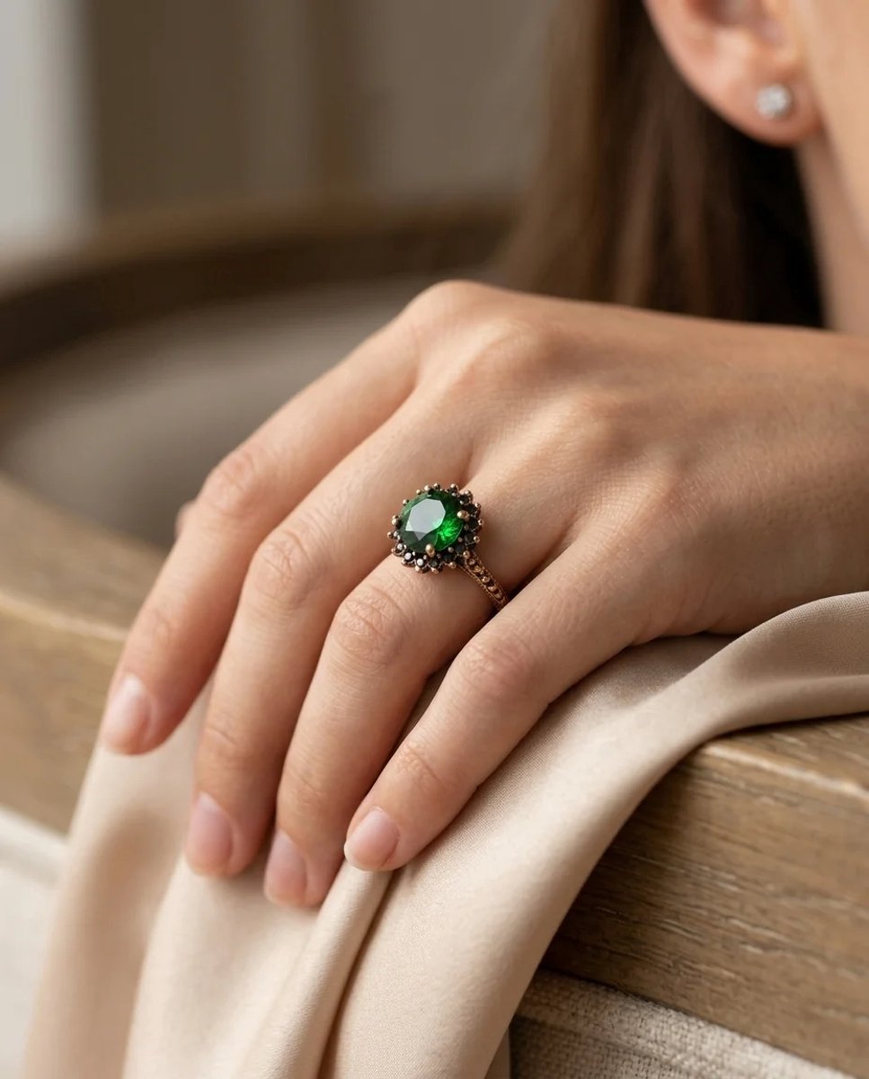 Dorvina Bronzen Sieraad Authentiek Sieraad Groen Kristal Steen Rond Kesim Kroon Model Verstelbaar Vintage Dames Ring