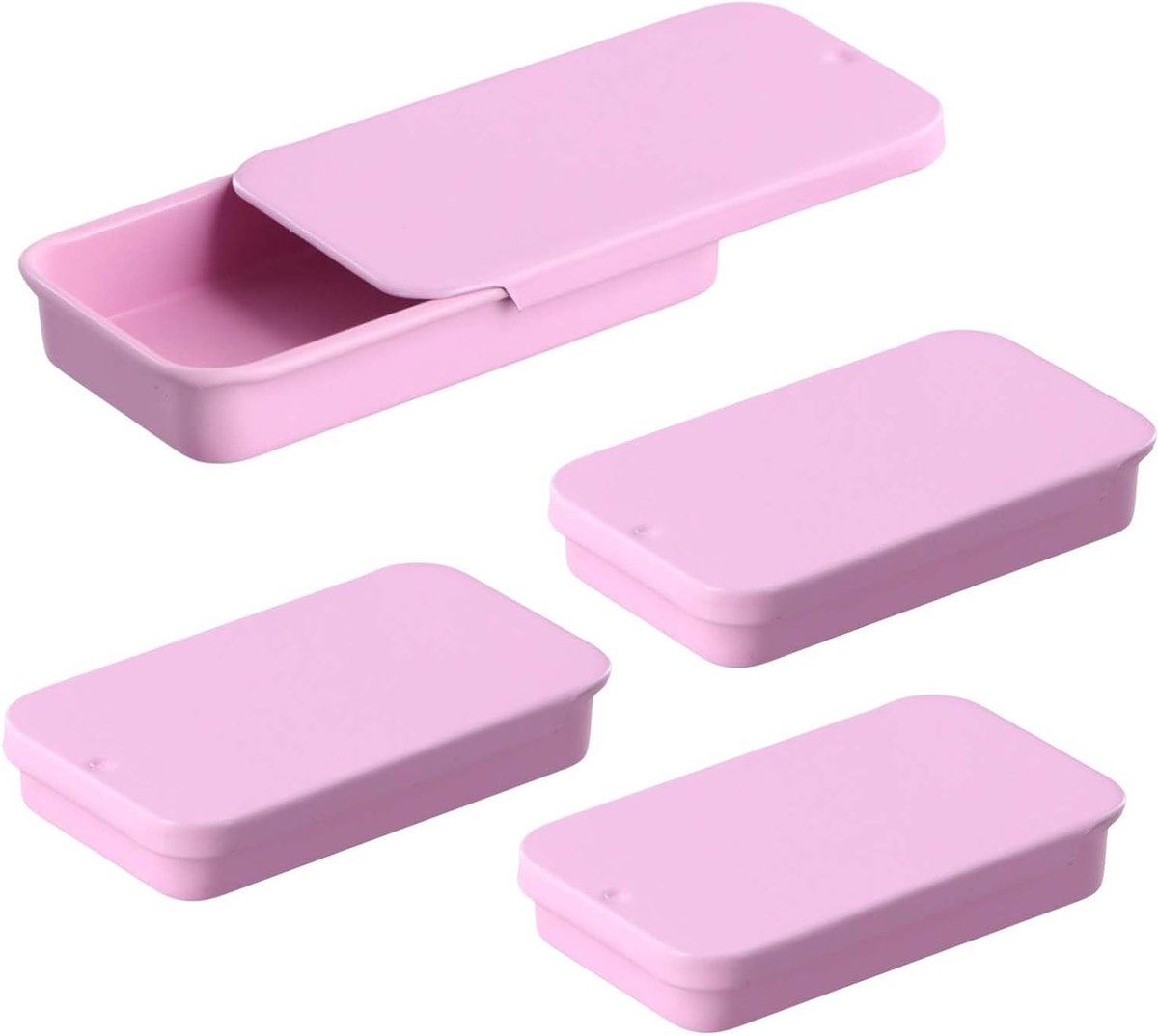 Kleine rechthoekige metalen blikjes met schuifdeksel, set van 4 voor snoep, cadeau en opslag, 6 x 3,4 x 1 cm (roze)