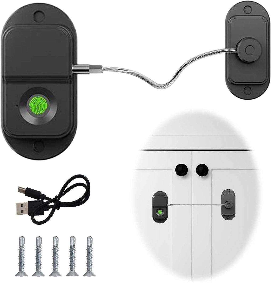 Veiligheidsslot met Vingerafdruk, Kinderslot zonder Boren, Baby- en Kinderbescherming voor Kasten en Ramen, USB Oplaadbaar Biometrisch Slot met Snelle Ontgrendeling, Zwart