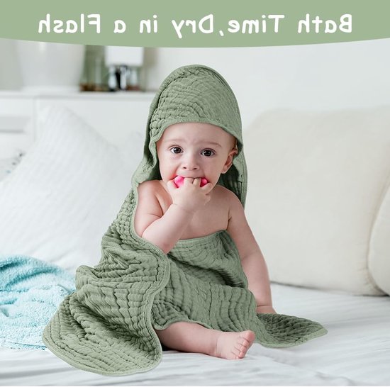 Zachte en Super Absorberende Baby Badcape met Kap, 80x80 cm, Crepe Katoen, Unisex, Ideaal voor Kinderen en Baby's in Bubble Sand Groen — afbeelding 3