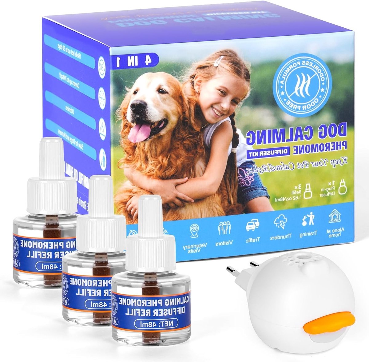 Hondendiffuser met Feromonen, 1 Diffuser en 3 x 48ml Navullingen, Helpt bij Ontspanning en Vermindering van Angst, Geschikt voor Alle Rassen, Effectief voor 90 Dagen