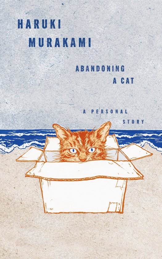 Couverture du livre : 'Abandoning a Cat' de Haruki Murakami. Un chat sort d'une boîte en carton sur une plage, avec du texte bleu et une mer bleue en arrière-plan.