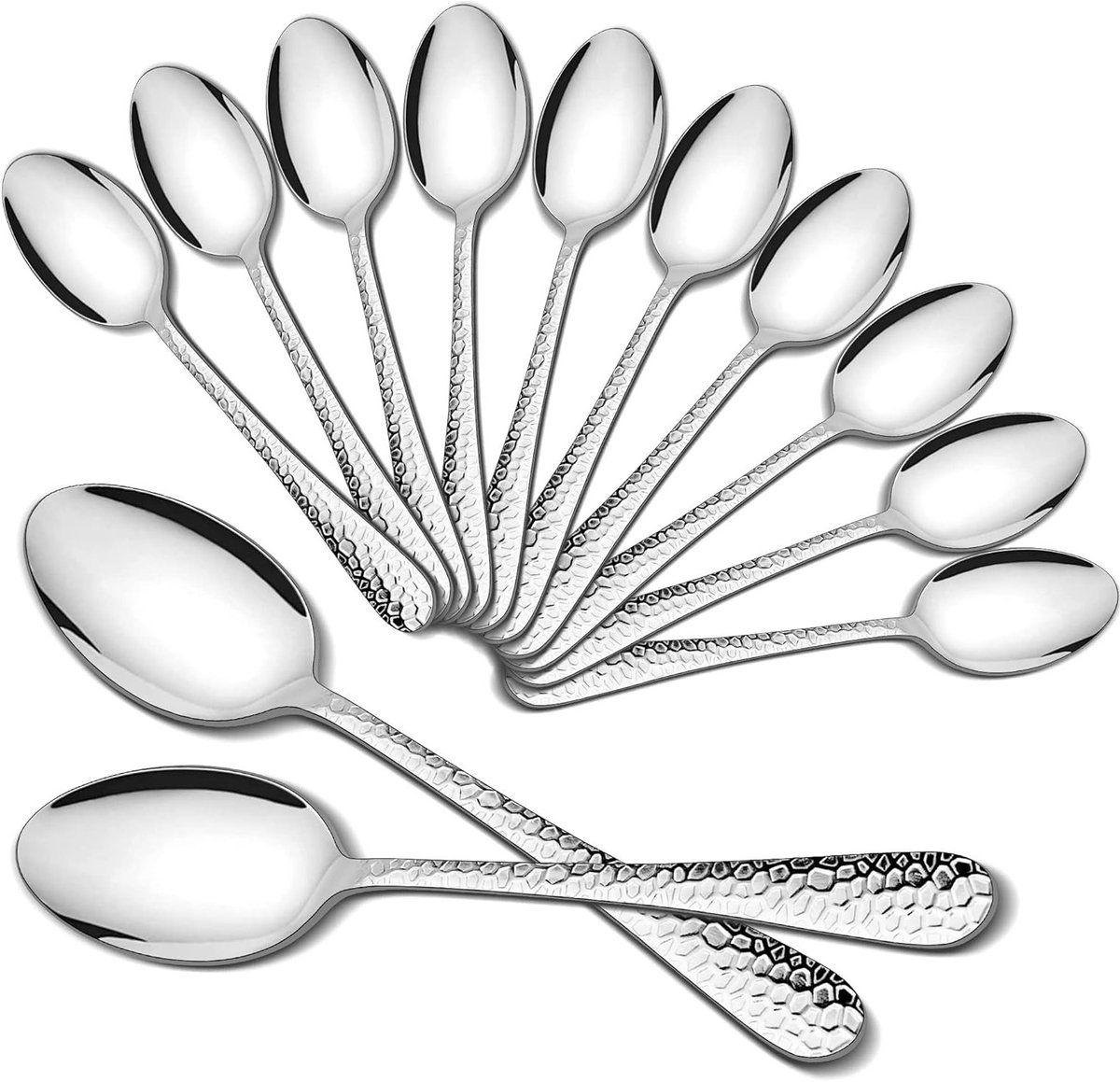 12-delige RVS Soeplepels Set, 20 cm Gehamerde Tafellepels voor Thuis, Restaurant en Feestjes, Elegant en Modern Design