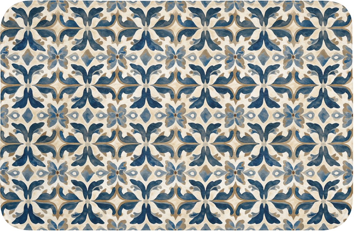 WC mat 60x40 cm - Antislip - Tegel - Patroon - Blauw - Beige - Toiletmat - Vloermat - Douc
