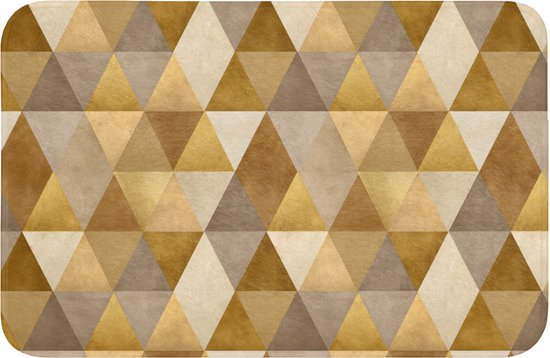 Rechthoekige badkamermat met geometrisch patroon van driehoeken in goud, beige en bruin.