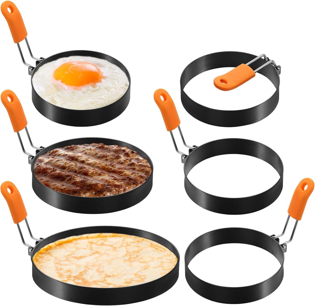 OLOEY Set van 6 eierringen-pannenkoekenringen van roestvrij staal met siliconen handvat voor gebakken eieren-omeletten en sandwiches (rond model-10-15-20 cm)