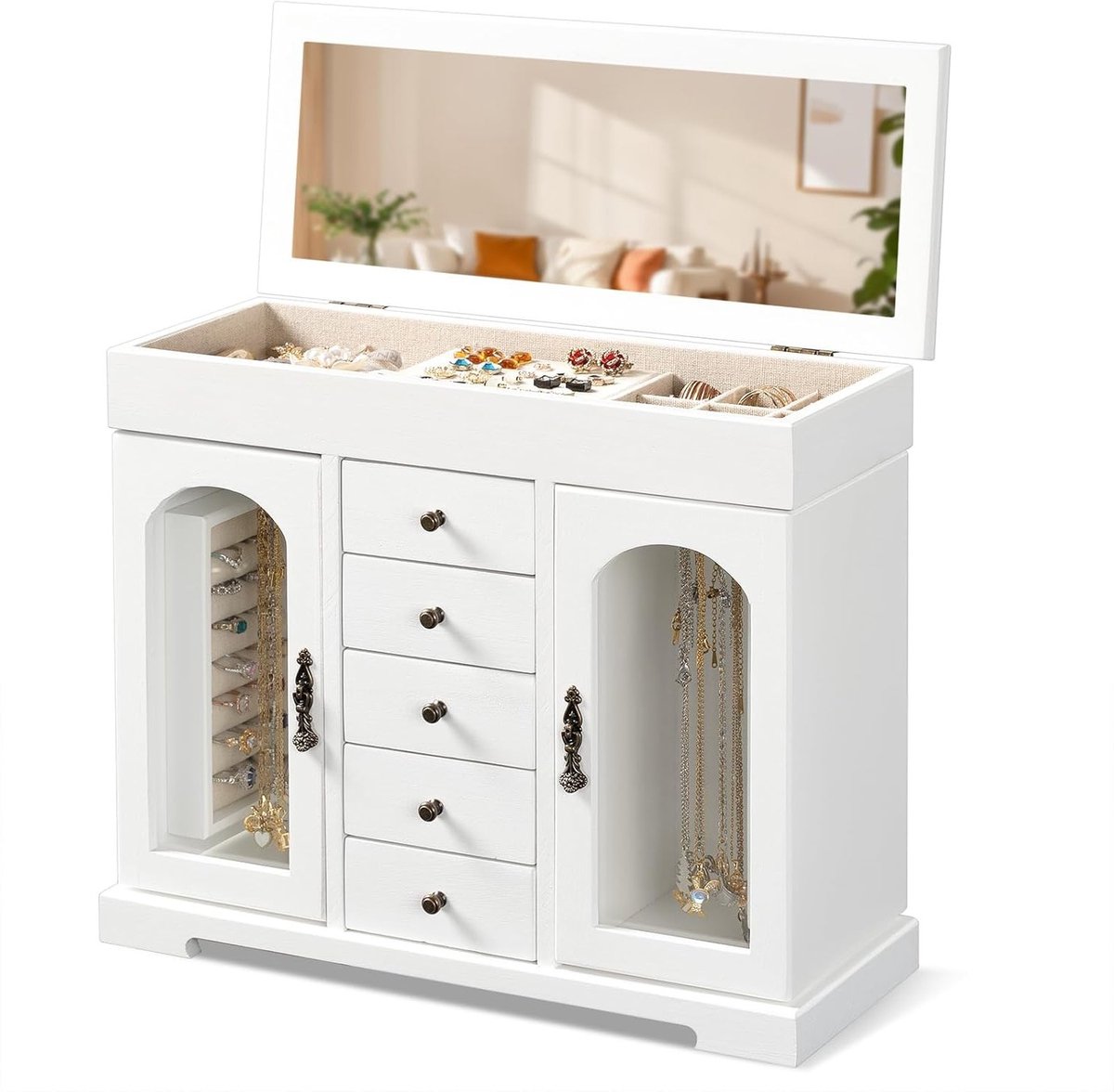 Grote Houten Sieradenbox voor Vrouwen met Spiegel, 6 Laags, Organiser voor Kettingen, Oorbellen en Ringen, Weerbestendig en Rustiek Design
