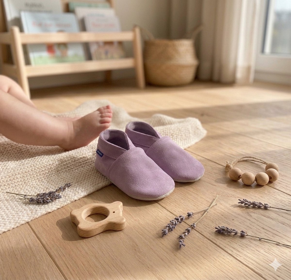 Stabifoot Babyslofjes – Zacht Leer – Cadeaudoos - Linnen zakje - Barefoot - LAVANDE 3-6