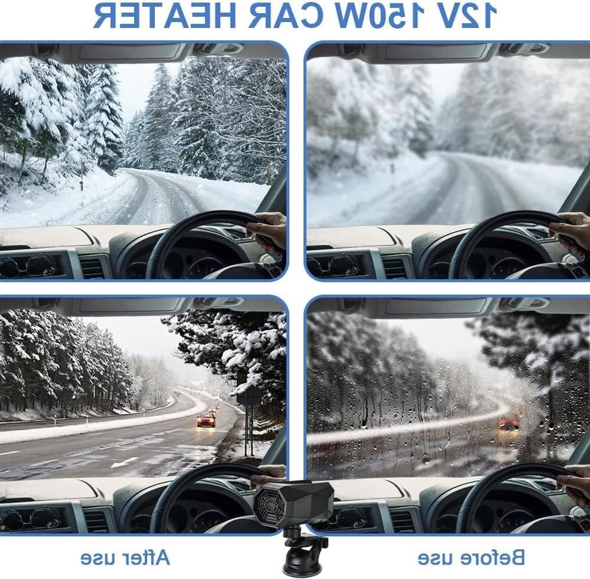 Draagbare Auto Kachel en Ventilator, 12V 150W, 2-in-1 Snelverwarming voor Ramen, Ontdooier met 360° Draaibare Basis, Ideaal voor Winterse Auto's