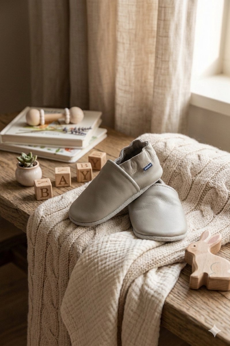 Stabifoot Babyslofjes – Zacht Leer – Cadeaudoos - Linnen zakje - Barefoot - GREY 0 - 3