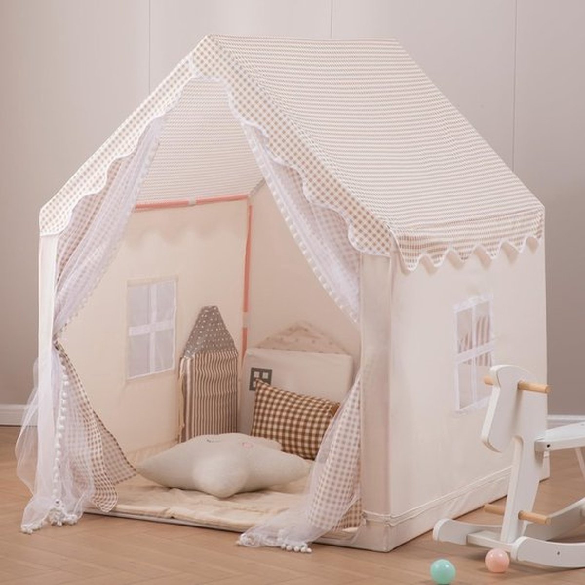 Speeltent voor Kinderen - Speelhuisje met Raam & Gordijnen - 105 x 120 x 128 cm - Stevig Metalen Frame - Beige / Geruit