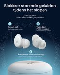 Diagram van witte oordopjes die ruis onderdrukken: Smart ANC, Twin-Seal PNC-systeem en adaptieve snurkmaskering.