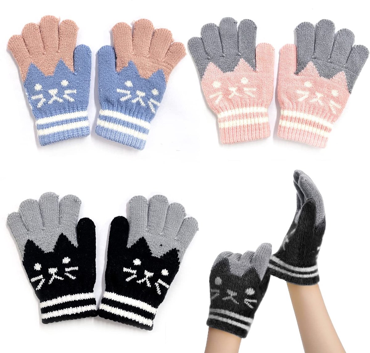 JHUBERS- Kattenhandschoenen met pluche voering - Gebreide Winterhandschoenen - Warme Handschoenen - Geschikt voor Kinderen - 3 Kleuren (lichtblauw/roze/zwart) - Fijn Vakmanschap