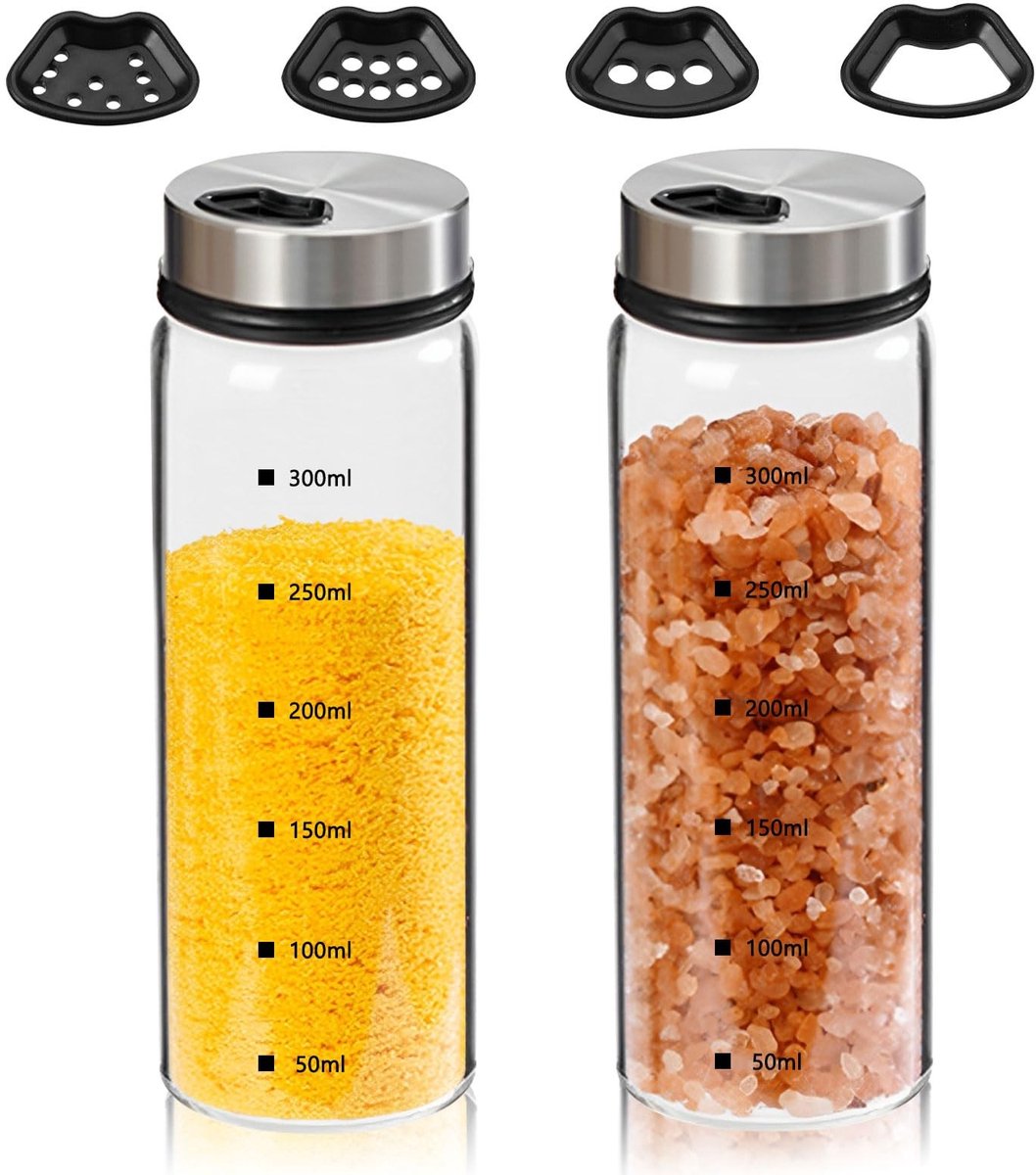 Dailygoods- Kruidenpotjes 300ml - Borosilicaatglas - Roestvrij staal - Draaideksel - Specerijenstrooier - Hittebestendig en schokbestendig - Specerijpot