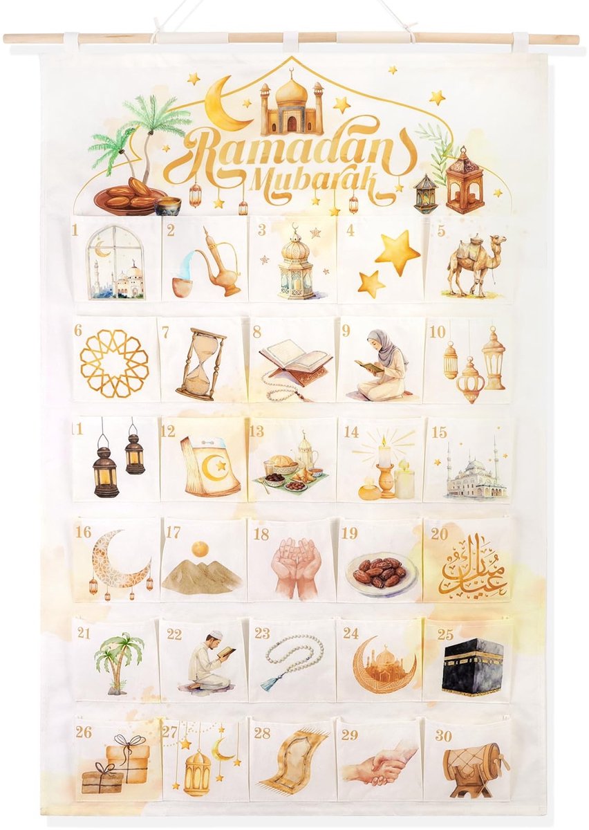 Dailygoods- Ramadan-kalender 2026 - Wandkalender van stof - Herbruikbare kalender - 30 vakken - Decoratie - Inclusief houten stok en koord - Adventskalender