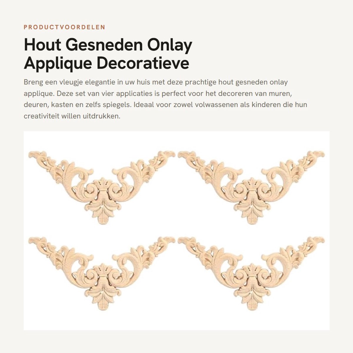 Dailygoods- Hoekonlay - 4 Stuks Houten Decoratie - Rubberhout - Bloemenpatroon - Muur/Deur Decoratie - Elegant en Klassiek