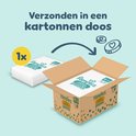 Pampers broekjes verpakt in een kartonnen doos. 'Verzonden in een kartonnen doos'.