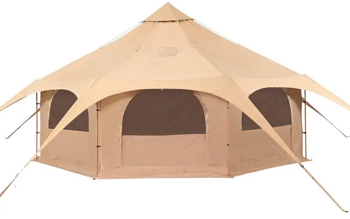 Lifero Tent - Camping Tenten - 8 Persoons Punt Tent - 4 seizoenen Tent - Kampeertent - 5 Meter Ronde Tent - Canvas - Beige