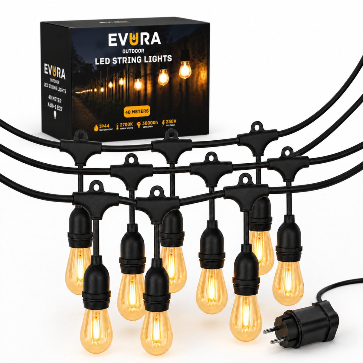 Evura Goods Lichtsnoer – 40 Meter – 60 Lampen – Waterdicht - Warm Wit – Verlengbaar