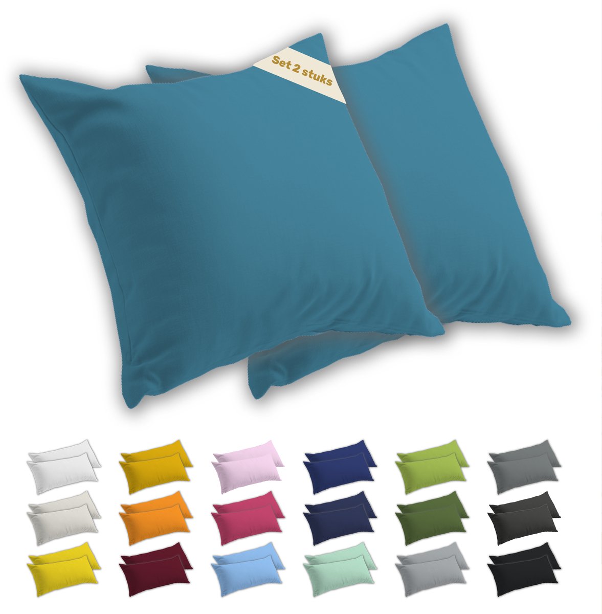 Lavea® Kussenslopen 40x40 cm Set van 2 – Kussenhoezen van 100% Zachte en Ademende Jersey Katoen met YKK Ritssluiting – Aquamarijn