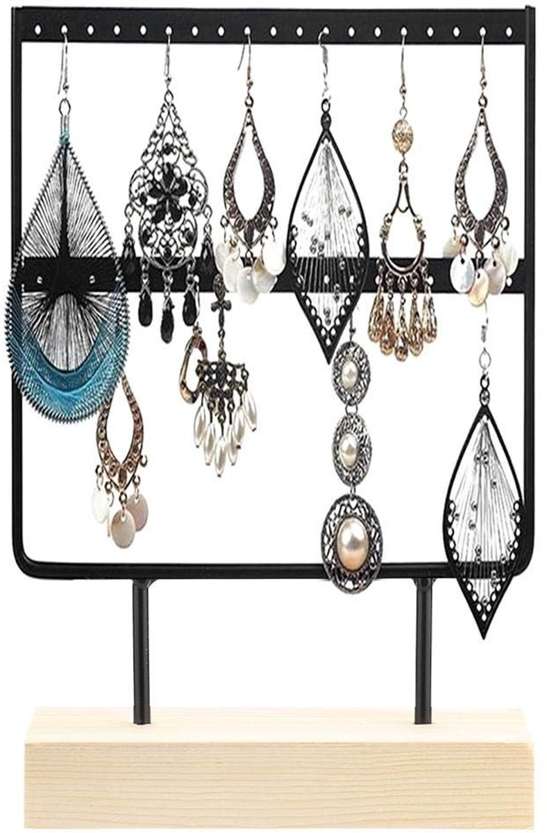 Dailygoods- Oorstandaard 24 Gaten - Elegante Sieradenhouder - Metalen Display - Opbergrek voor Oorbellen - 5,8 x 2,8 x 9,1 Inch - Zwart Hout/Metaal - Sieradenrek