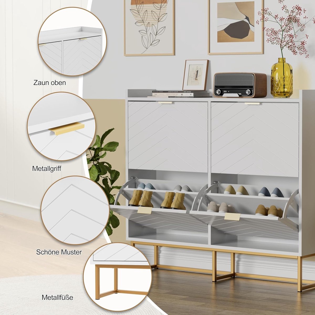 Schoenenkast smal 4 klappen – House&Garden vrijstaand schoenenrek wit 98,5 cm – moderne hal schoenenkast met anti-kantel systeem & verstelbare scheidingswanden – ruimtebesparende schoenenkast voor entree, gang & woonkamer