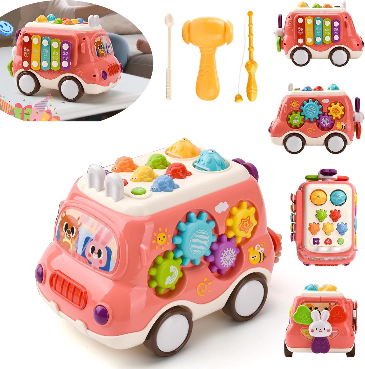Baby Montessori muzikaal speelgoed met geluid en licht: xylofoon, hamer, visspel, windmolen, sensorisch leerspeelgoed in de vorm van een bus voor kinderen van 1-3 jaar.roze