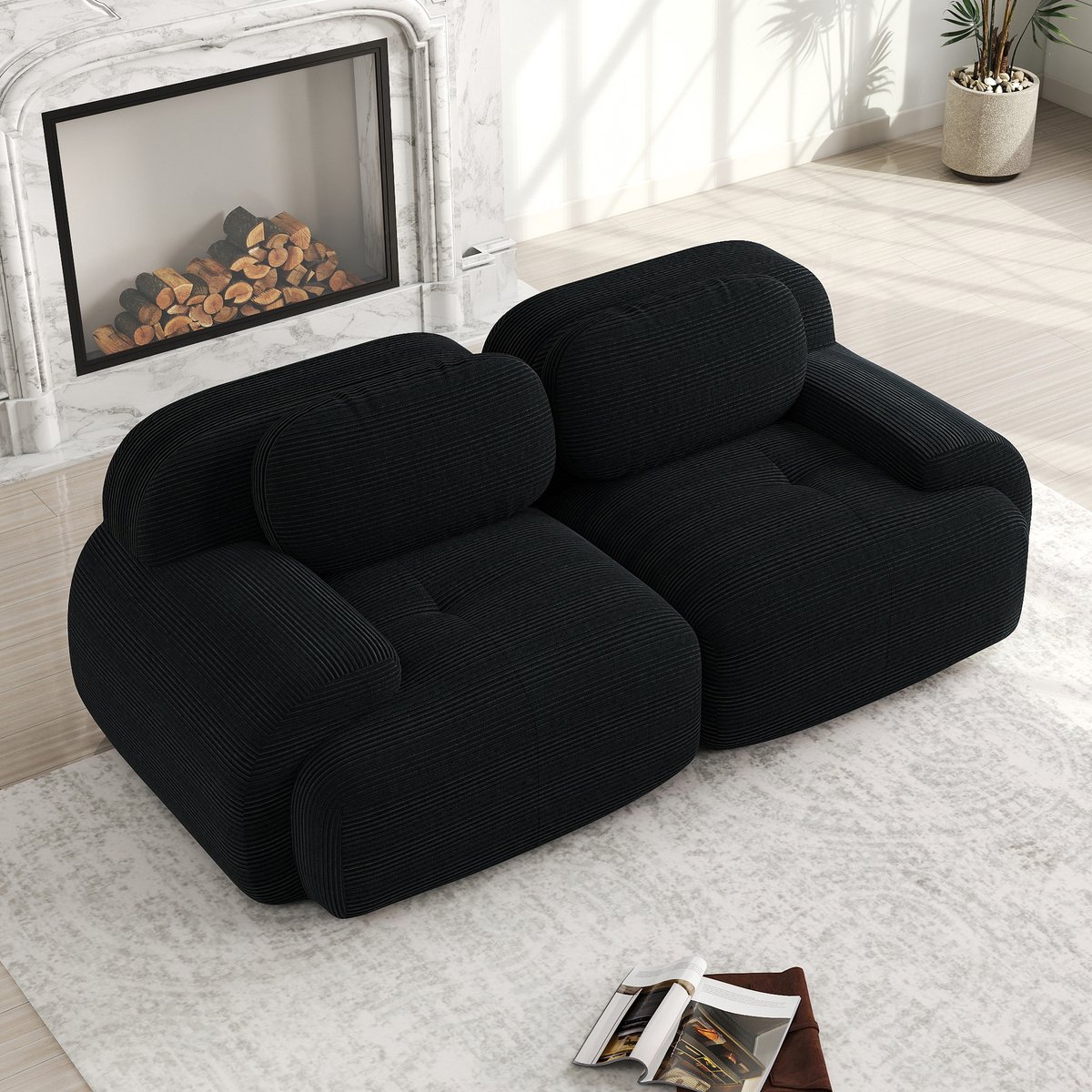 Corduroy tweezitsbank - frameloze bank - modulaire opstelling - met gebogen armleuning en