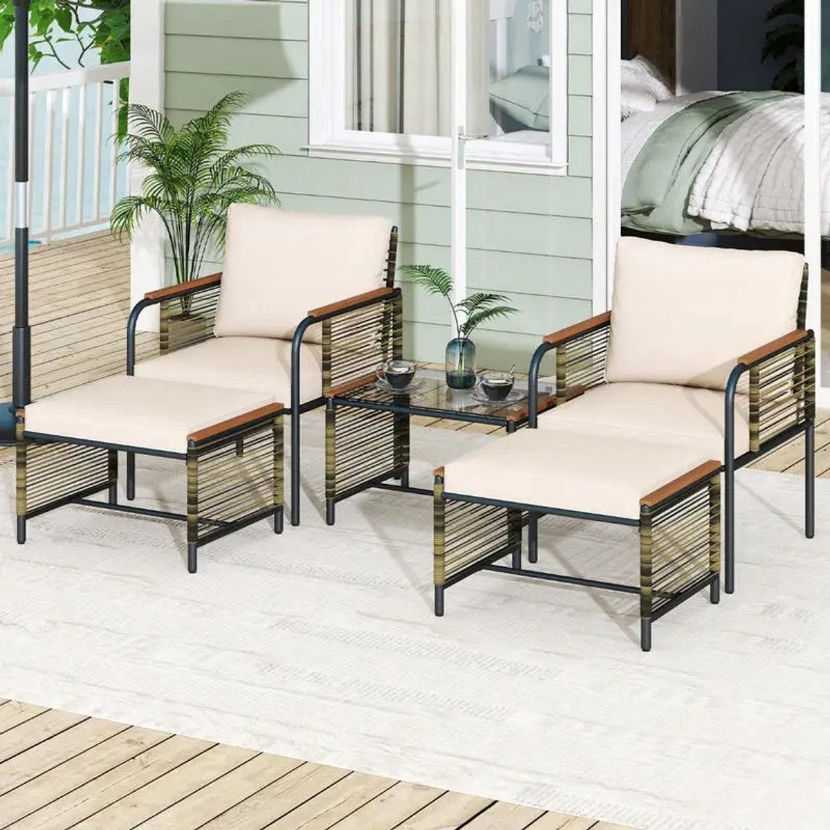 Dailygoods Rotan tuinmeubelset inclusief 2 stoelen met kussens, krukje & tafel, tuinmeubelset, zitgroep, beige