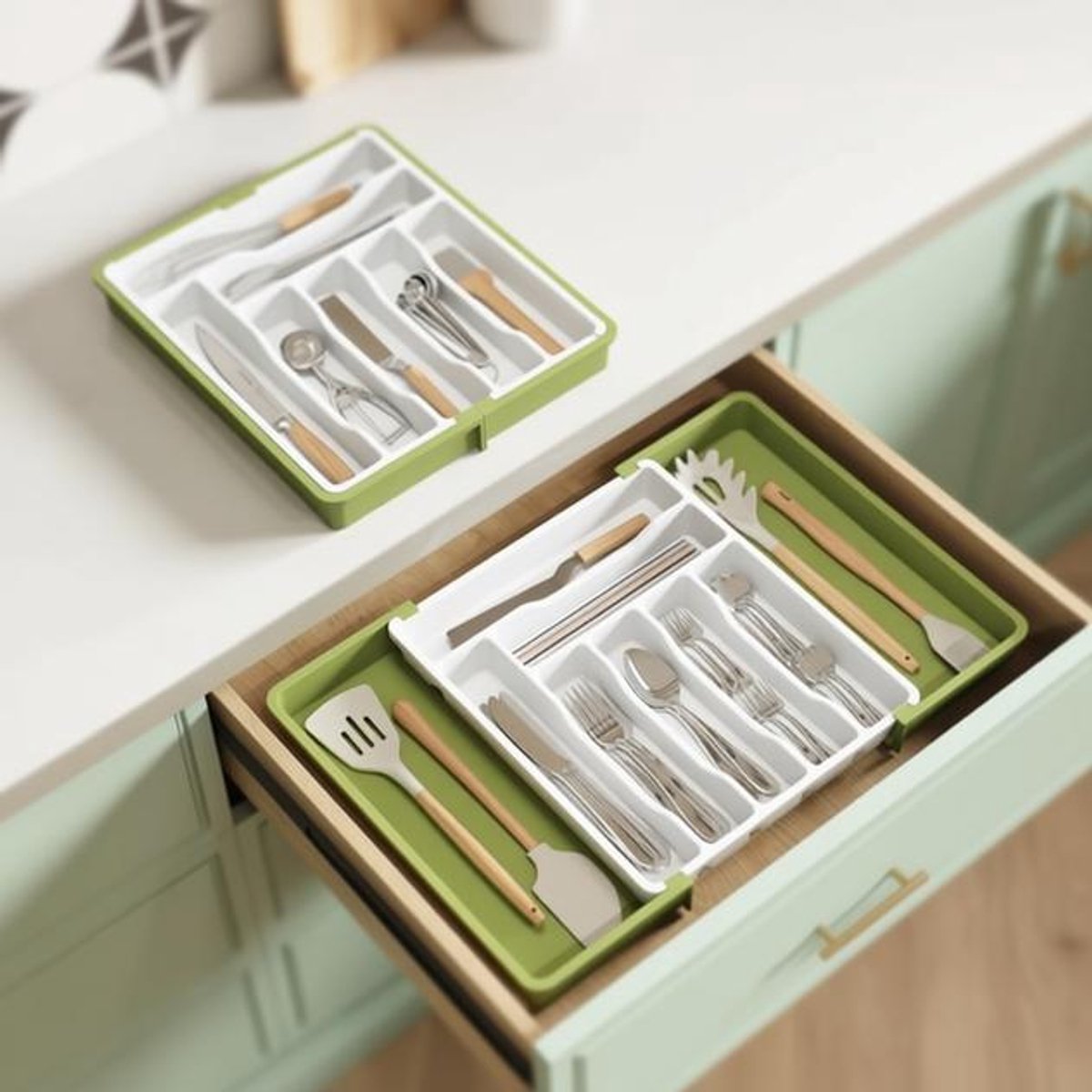 ElleMooi Uitbreidbare Bestekbak Lade Organisator XL - 9 Vakken - Groen/Wit - Kunststof