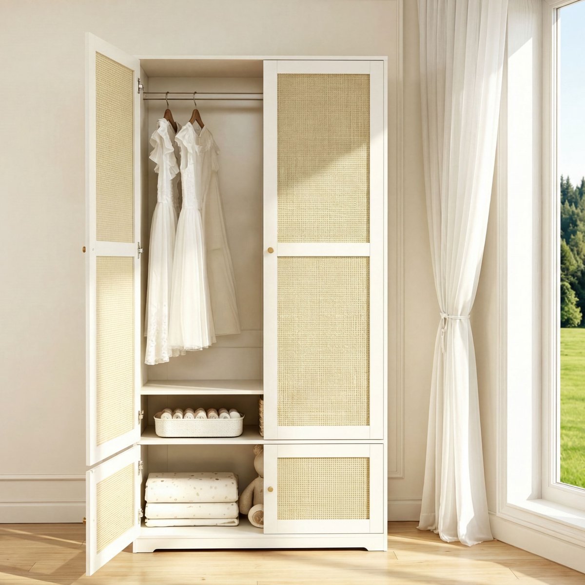 REDOM Kledingkast - 2 Deuren met Kledingroede en Legplanken - Natuurlijk - Slaapkamer - MDF - Wit - 90 x 48 x 180 cm
