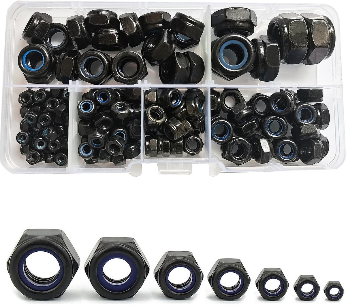 Dailygoods- Zeskantmoeren 150 Stuks - Koolstofstaal - Borgmoeren - Diverse Maten M3/M4/M5/M6/M8/M10/M12 - Corrosiebestendig - Opbergdoos