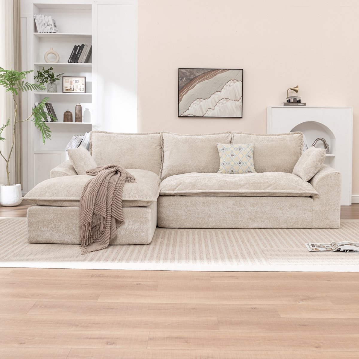 FloraGrace Hoekbank Met Chaise Longue - Modulair En Zonder Montage - Voor Woonkamer - Zachte Chenille Bekleding - Beige