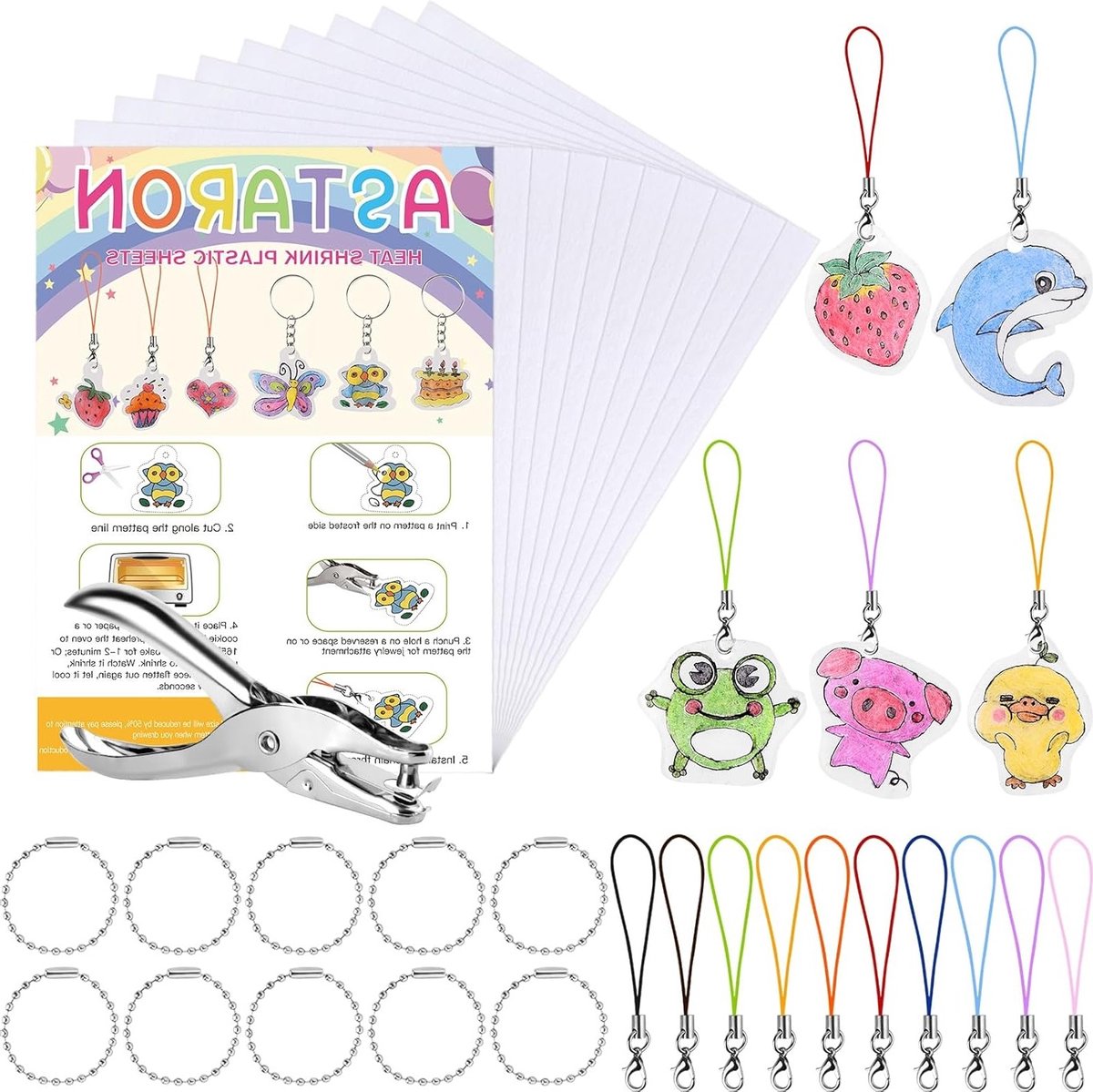 Printable Shrink Film Set van 10 Stuks A4, Lege Kunstpapier, Gaatjespons en Sleutelhangers voor Creatieve Projecten en Sieraden Accessoires