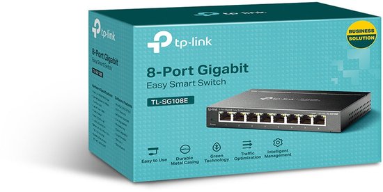 TP-Link TL-SG108E 8-poorts Gigabit Easy Smart Switch in de verpakking, met logo's en functies.