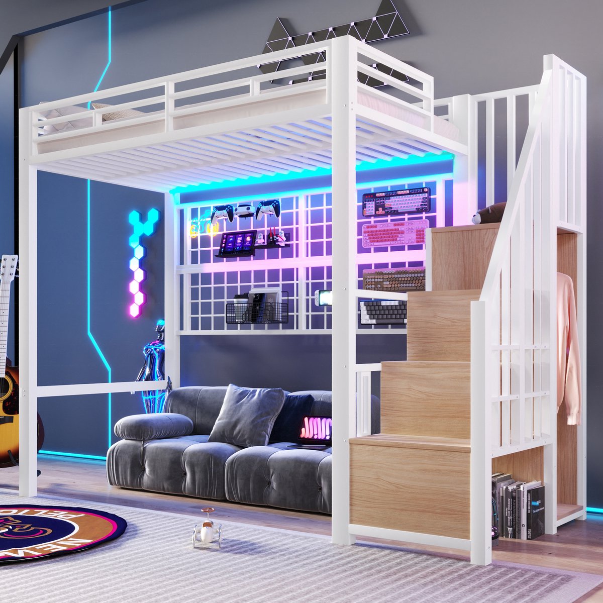 Welltin Hoogslaper, 90x200 cm, ijzeren frame, kledingkast, opbergladder, kledingstang, opbergruimte onder het bed, 7-kleurige ledverlichting, exclusief matras, zwart Wit