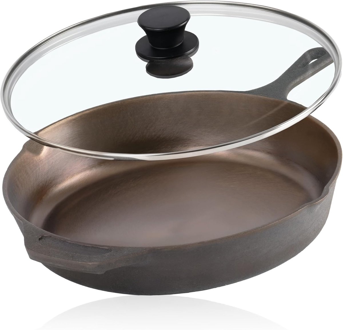 Gepolijste gietijzeren pan - Braadpan met deksel - Koken en braden - Dubbele schenktuiten - 295 cm - Zwart