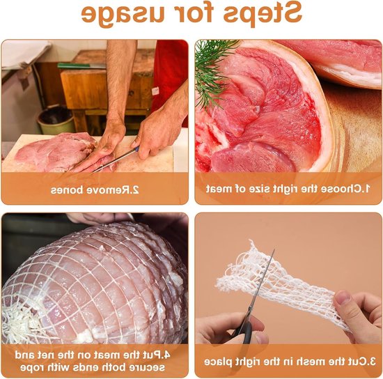 5 meter elastisch vleesnet met 16 gaten voor roken, koken en verpakken van vlees en gevogelte — afbeelding 4
