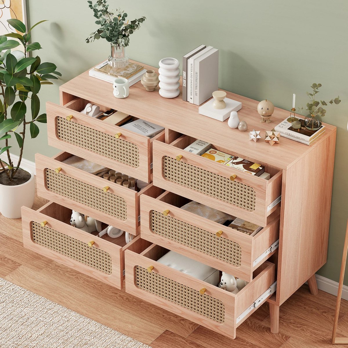 Dailygoods Moderne ladekast met 5-6 laden, rotan kledingkast, natuurlijke houten slaapkamerkast met anti-kantel ontwerp