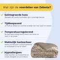 Dekbed met zandkleurige panterprint en bruine rand, met tekst over de voordelen van Zelesta.