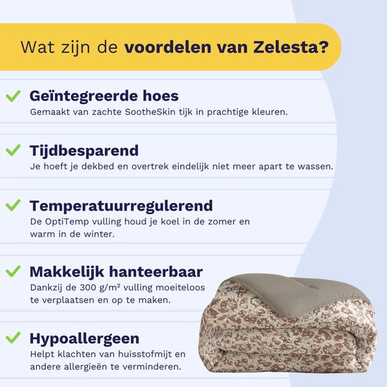 Dekbed met zandkleurige panterprint en bruine rand, met tekst over de voordelen van Zelesta.