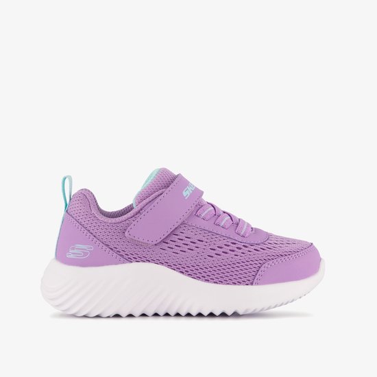 Paarse Skechers Bounder sneaker met klittenbandsluiting, mintgroene accenten en ademende mesh. S-logo op zijkant.
