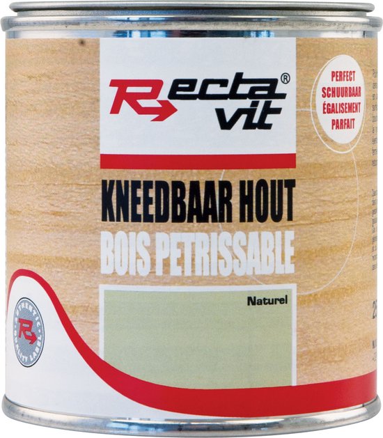Blik Rectavit Kneedbaar Hout Naturel, met rode en witte accenten en een lichtgroen proefvlak.