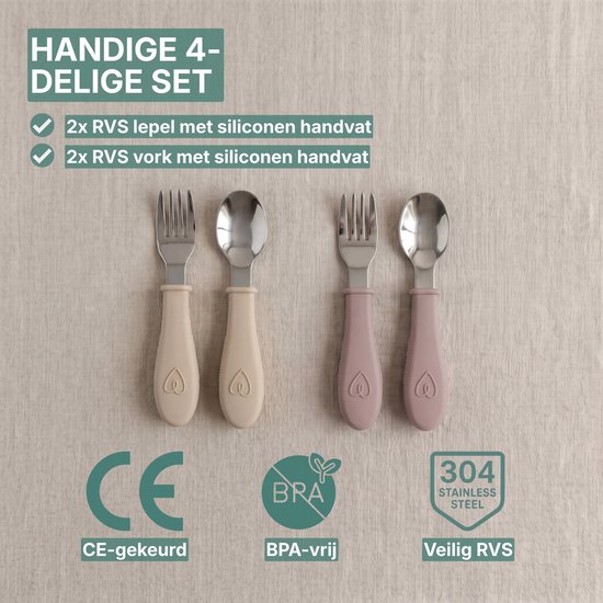 Broemba RVS Kinderbestek - Set van 4 stuks - 2x Baby Lepel & Baby Vork - 100% BPA-vrij Babybestek - Lepeltjes en Vorkjes - Beige / Roze Peuterbestek van Broemba — afbeelding 5