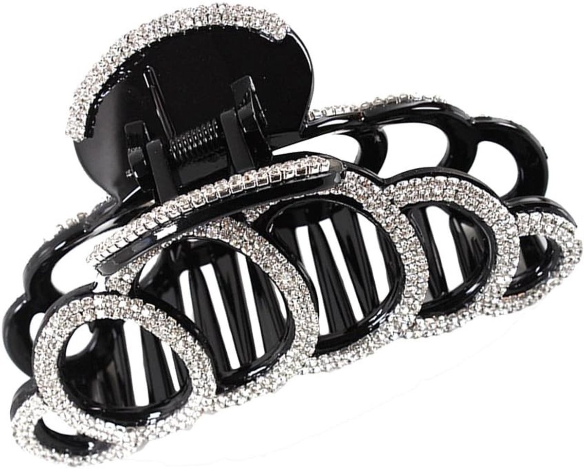 Grote Haarspeld Zwart, Sterke Acryl Haarclip met Strass Steentjes voor Dik Haar