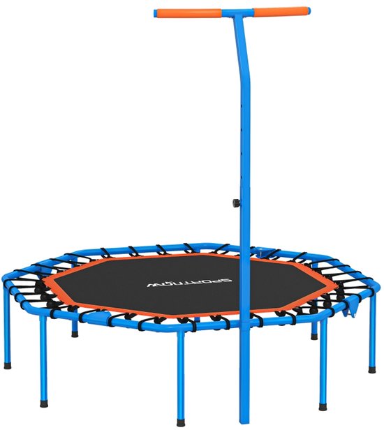 Blauwe fitness trampoline met oranje handvat. Het springdoek is zwart met oranje rand.