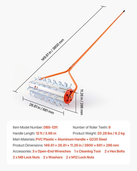 Vijverhark - Onkruid- en slibsnijder - Steellengte 3,66 m - Gegalvaniseerde ijzeren messen (9x) - Aluminium handgrepen (3x) - Verwijdert onkruid, wortels en slib — afbeelding 4
