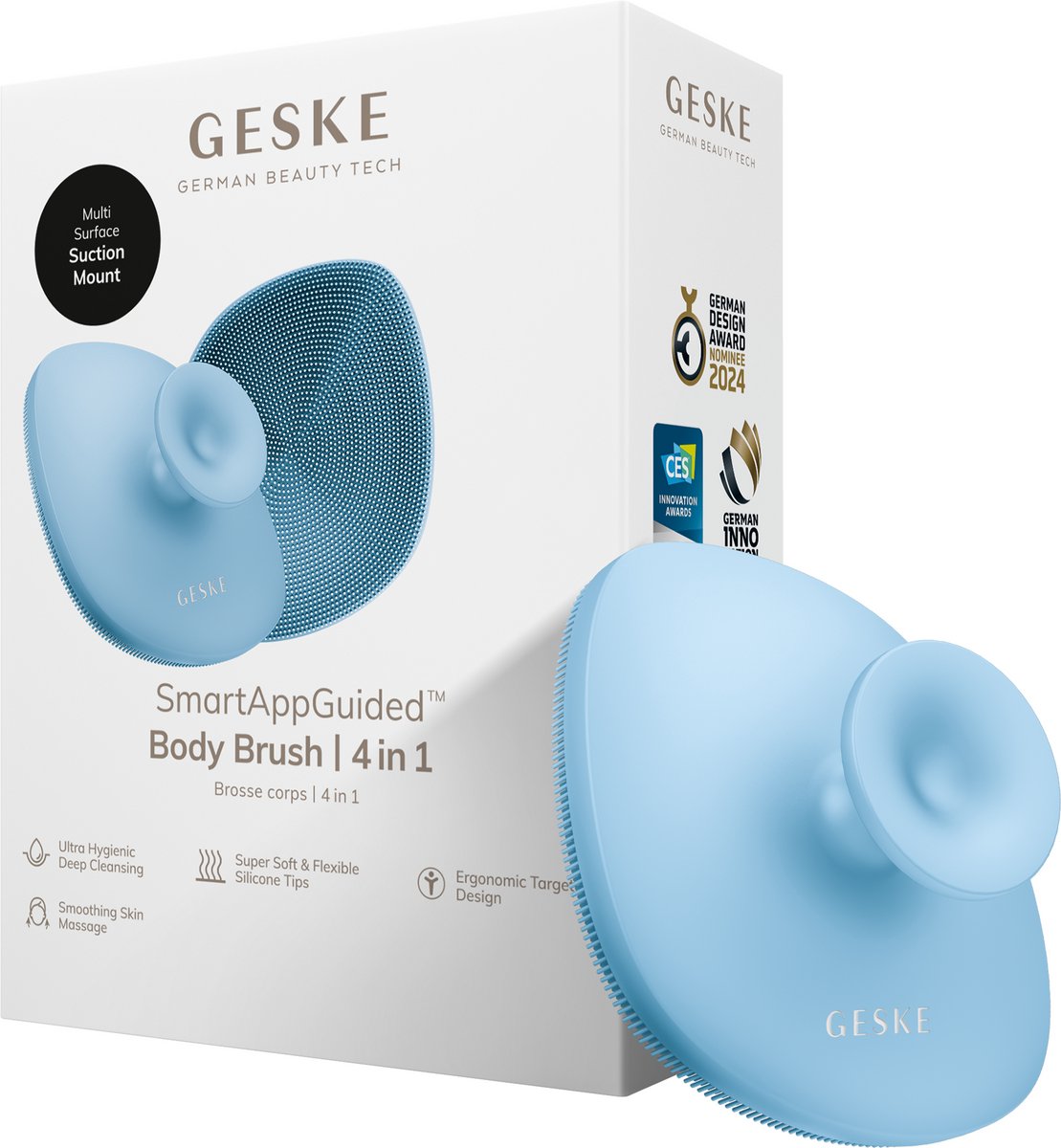 GESKE Body Brush | 4 in 1 | Reinigingsborstel voor het hele lichaam | Dieptereiniging | Zachte siliconen borstelharen | Ergonomisch ontwerp met twee vingers | Reinigingen en massages